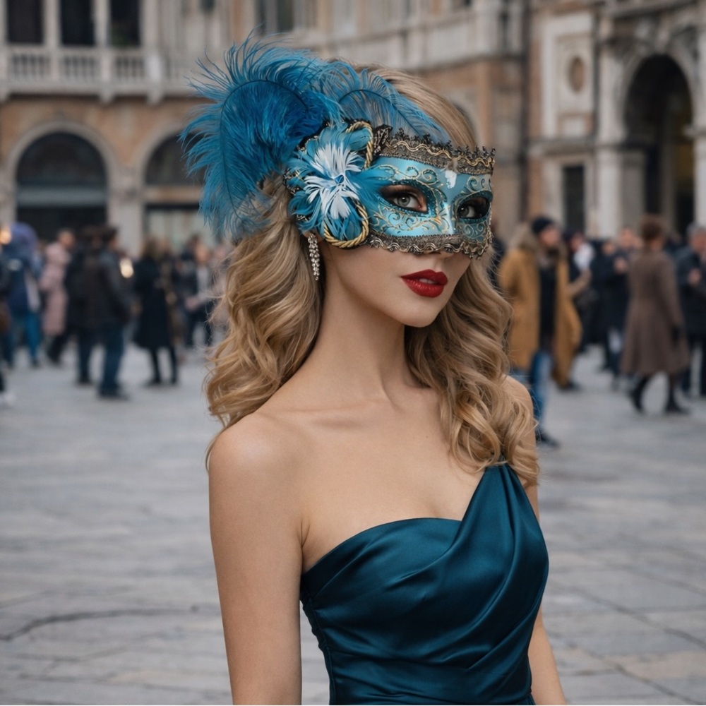 Colombina Venetian Carnival Mask – Handmade in Venice – Blue & Gold W/Feathers